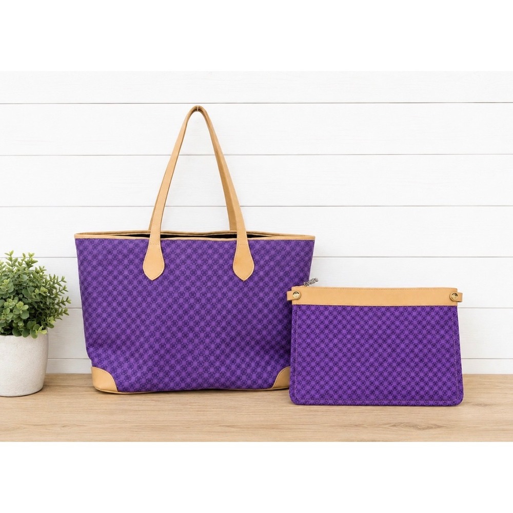 Dominie Purple Monogram Tote Bag and Pouch Set Tan Trim Shoulder Bag